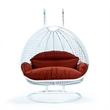 LeisureMod Outdoor White Wicker Hanging Double Egg Swing Chair in Dark Orange