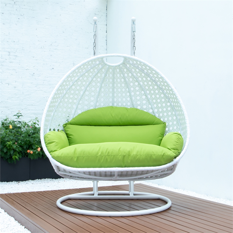 LeisureMod Outdoor White Wicker Hanging Double Egg Swing Chair in Light Green
