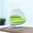 LeisureMod Outdoor White Wicker Hanging Double Egg Swing Chair in Light Green