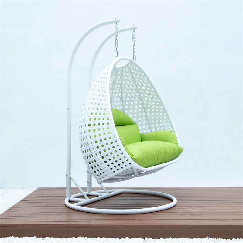 LeisureMod Outdoor White Wicker Hanging Double Egg Swing Chair in Light Green