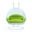 LeisureMod Outdoor White Wicker Hanging Double Egg Swing Chair in Light Green