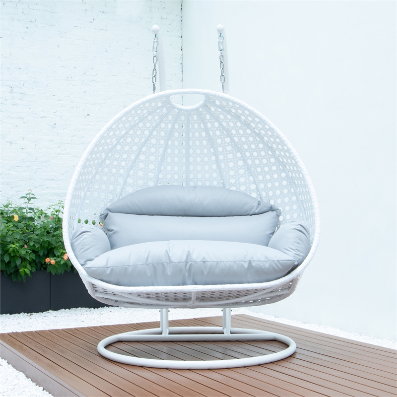 LeisureMod Outdoor White Wicker Hanging Double Egg Swing Chair in Light Gray