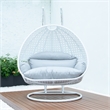 LeisureMod Outdoor White Wicker Hanging Double Egg Swing Chair in Light Gray