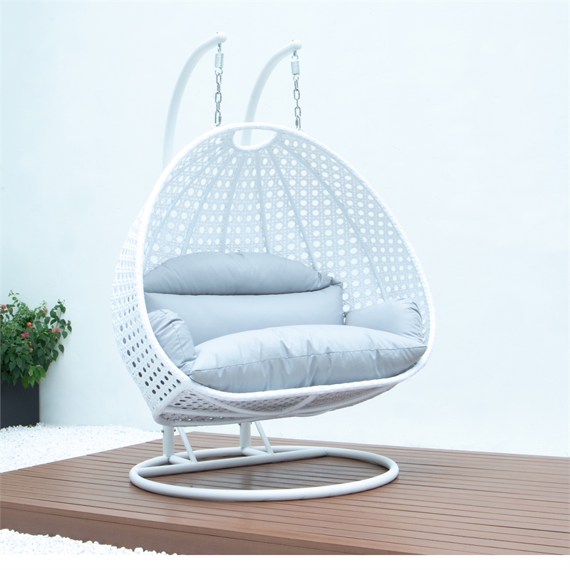 LeisureMod Outdoor White Wicker Hanging Double Egg Swing Chair in Light Gray