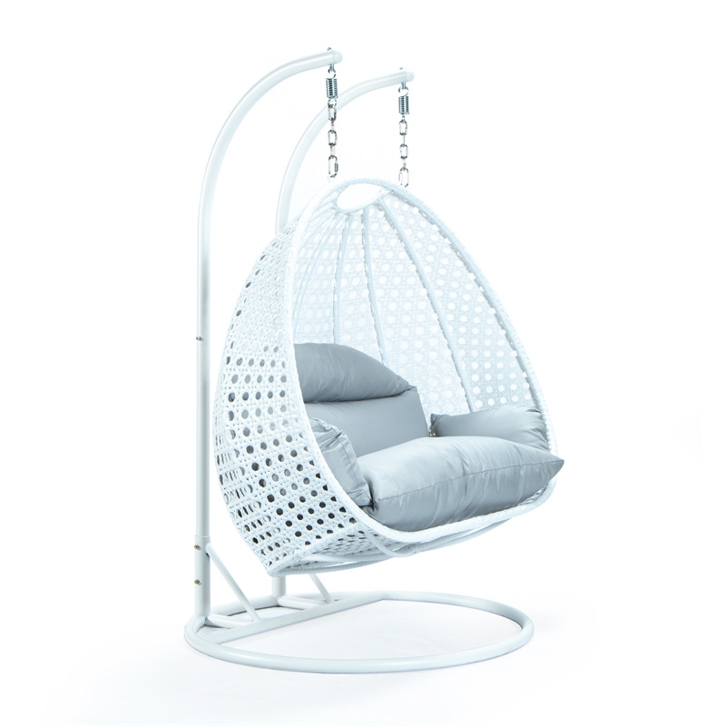 LeisureMod Outdoor White Wicker Hanging Double Egg Swing Chair in Light Gray