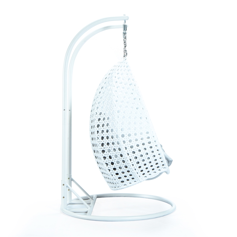 LeisureMod Outdoor White Wicker Hanging Double Egg Swing Chair in Light Gray