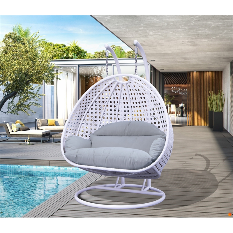 LeisureMod Outdoor White Wicker Hanging Double Egg Swing Chair in Light Gray