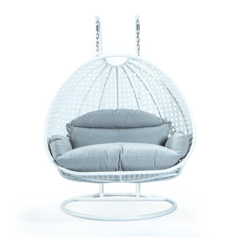 LeisureMod Outdoor White Wicker Hanging Double Egg Swing Chair in Light Gray