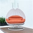 LeisureMod Outdoor White Wicker Hanging Double Egg Swing Chair in Orange