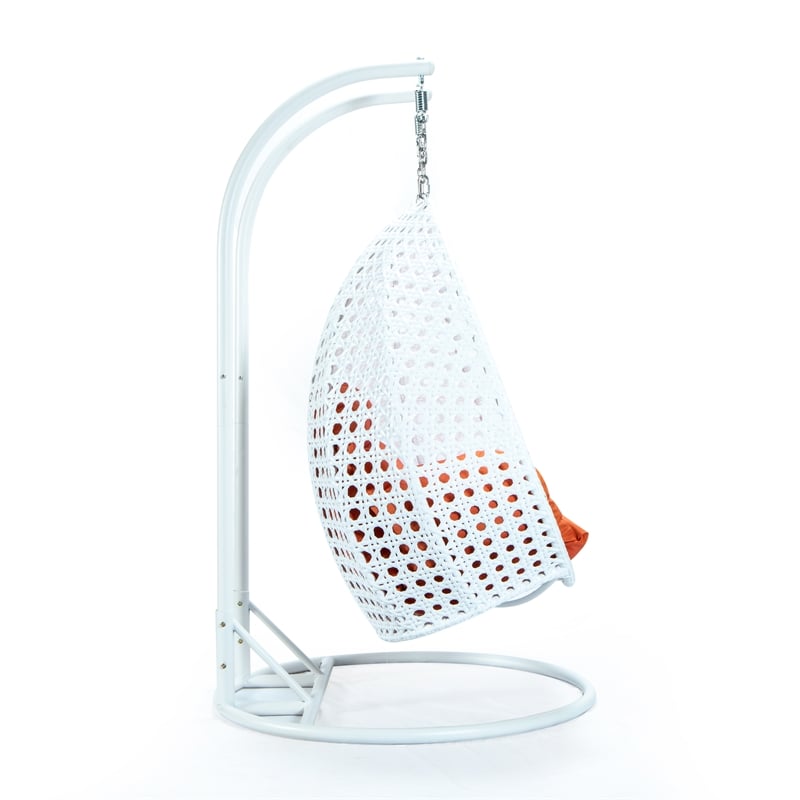 LeisureMod Outdoor White Wicker Hanging Double Egg Swing Chair in Orange