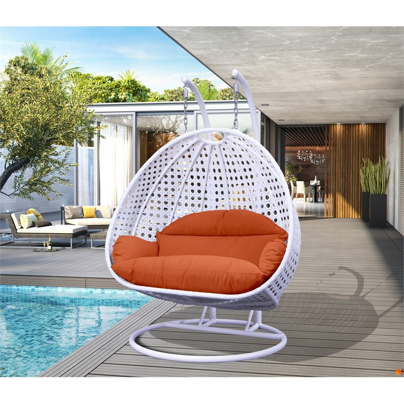 LeisureMod Outdoor White Wicker Hanging Double Egg Swing Chair in Orange