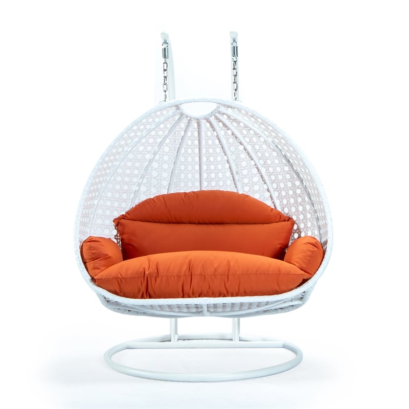 LeisureMod Outdoor White Wicker Hanging Double Egg Swing Chair in Orange
