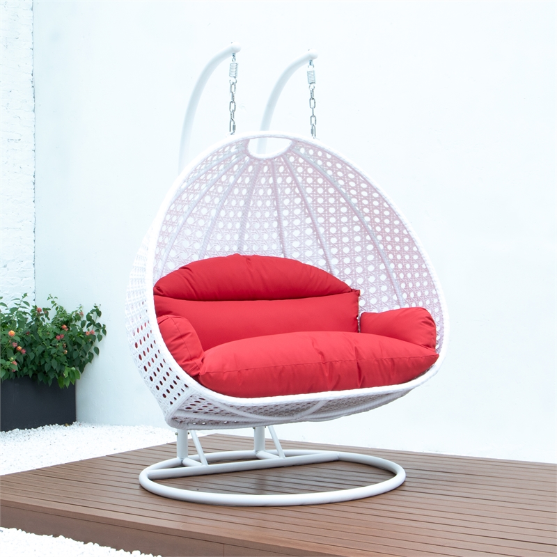 LeisureMod Outdoor White Wicker Hanging Double Egg Swing Chair in Red