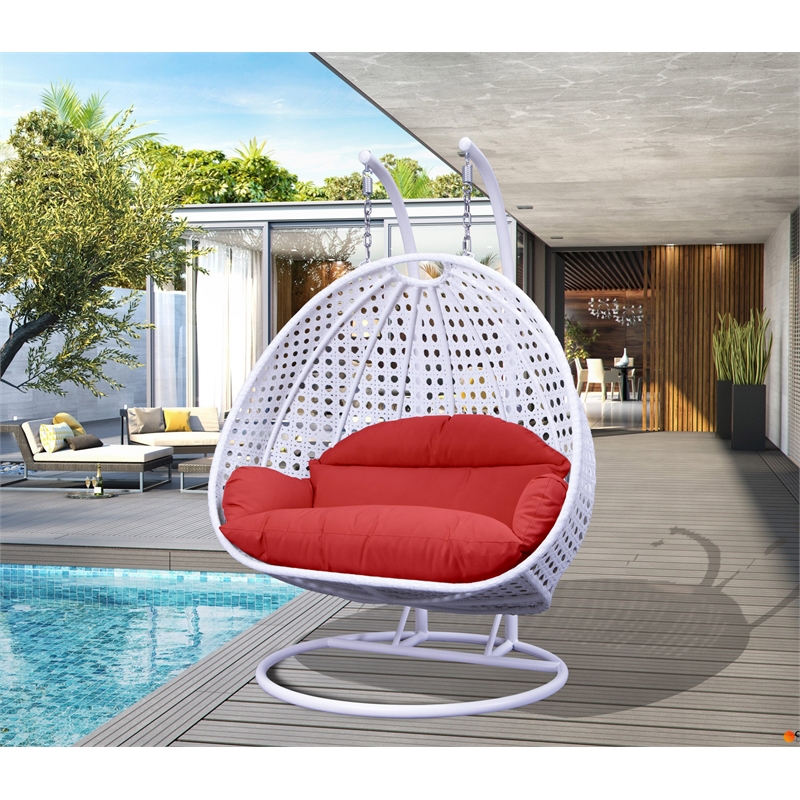 LeisureMod Outdoor White Wicker Hanging Double Egg Swing Chair in Red