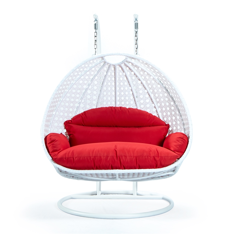 LeisureMod Outdoor White Wicker Hanging Double Egg Swing Chair in Red
