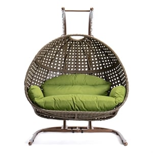 LeisureMod Beige Wicker Double 2-Person Hanging Egg Swing Chair in Green