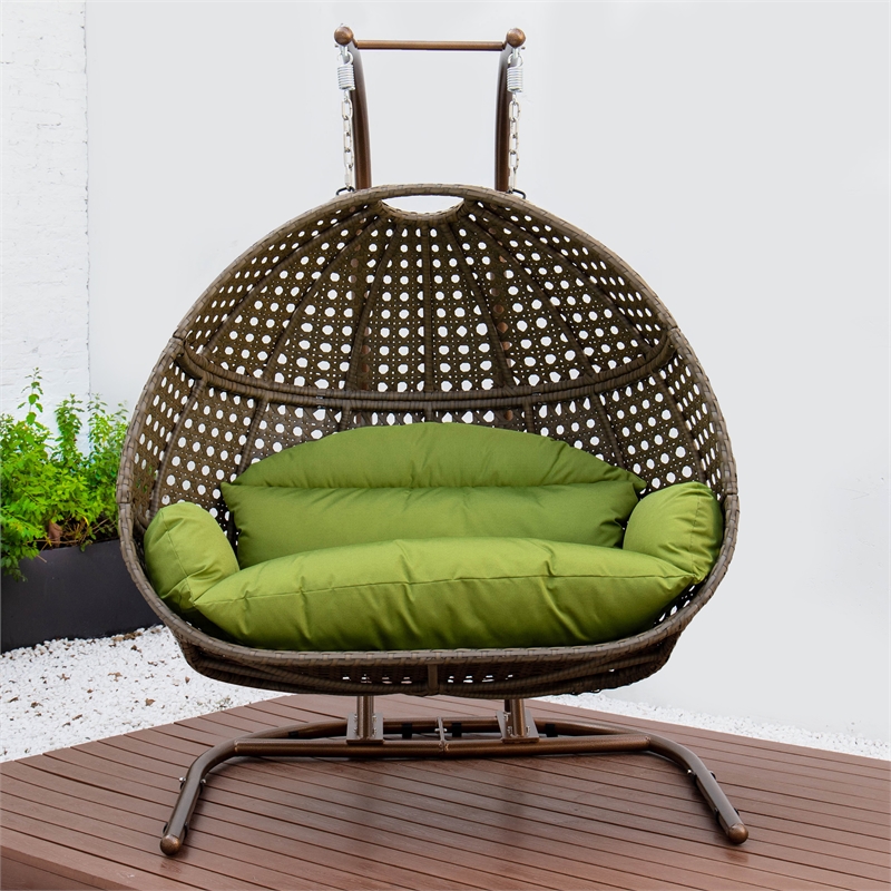 LeisureMod Beige Wicker Double 2-Person Hanging Egg Swing Chair in Green