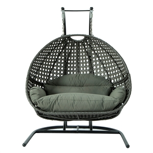 LeisureMod Charcoal Wicker Double 2-Person Hanging Egg Swing Chair in Dark Grey