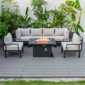 LeisureMod Chelsea 7-Piece Sectional And Fire Pit Table With Cushions in Beige