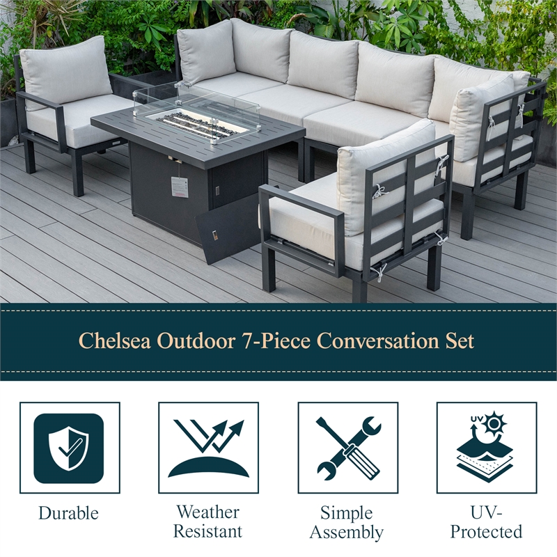 LeisureMod Chelsea 7-Piece Sectional And Fire Pit Table With Cushions in Beige