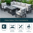 LeisureMod Chelsea 7-Piece Sectional And Fire Pit Table With Cushions in Beige