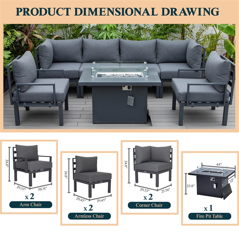 LeisureMod Chelsea 7-Piece Sectional And Fire Pit Table With Cushions in Black