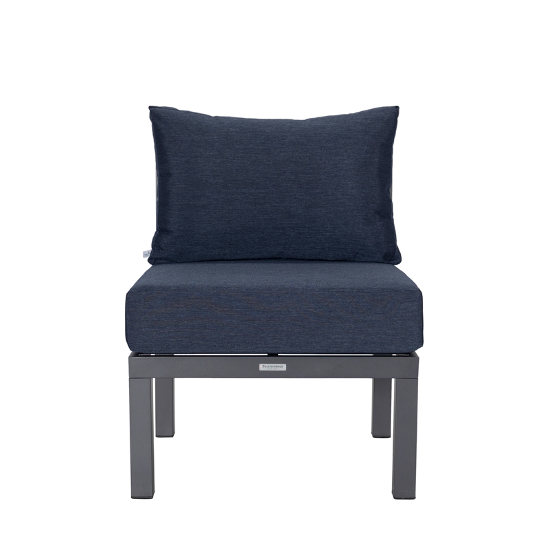 LeisureMod Chelsea 7-Piece Sectional And Fire Pit Table With Cushions in Blue