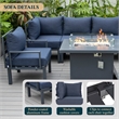 LeisureMod Chelsea 7-Piece Sectional And Fire Pit Table With Cushions in Blue