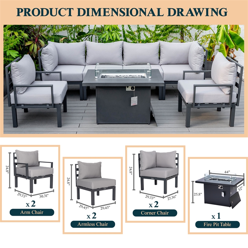LeisureMod Chelsea 7-Piece Sectional And Fire Pit Table With Cushions in Gray