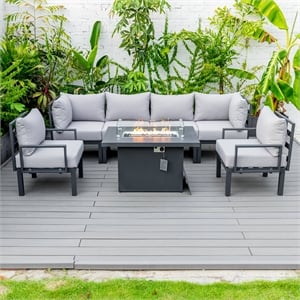 LeisureMod Chelsea 7-Piece Sectional And Fire Pit Table With Cushions in Gray