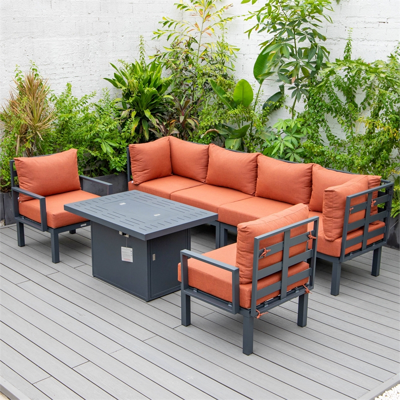 LeisureMod Chelsea 7-Piece Sectional And Fire Pit Table With Cushions in Orange
