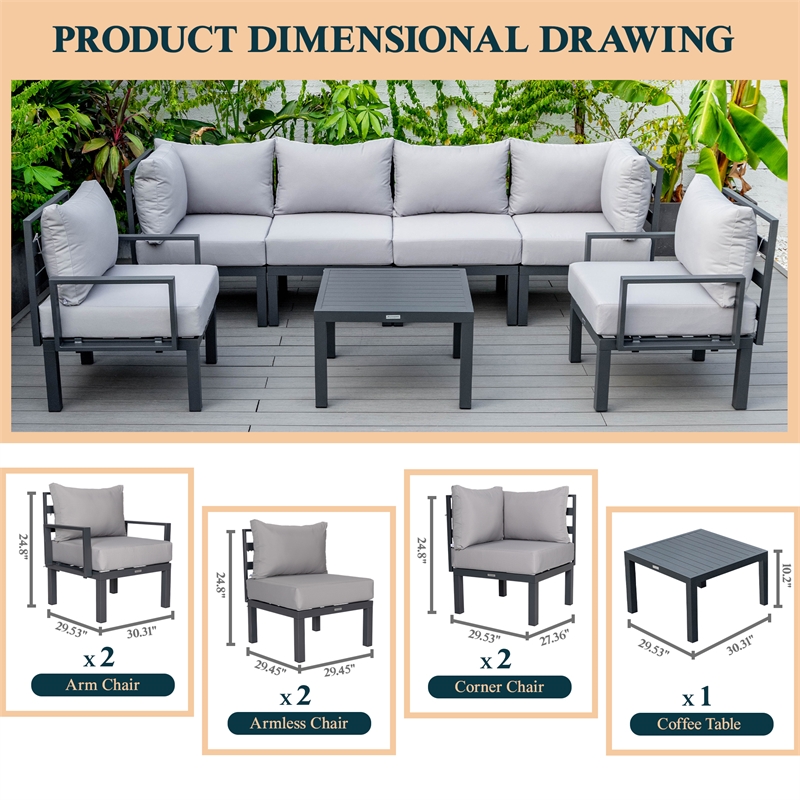 LeisureMod Chelsea 7-Piece Patio Set with Coffee Table and Cushions Light Gray
