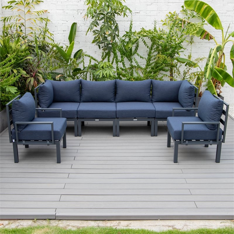 LeisureMod Chelsea 6-Piece Patio Set in Black Aluminum with Blue Cushions