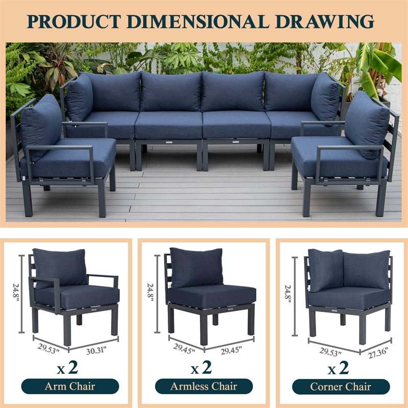 LeisureMod Chelsea 6-Piece Patio Set in Black Aluminum with Blue Cushions