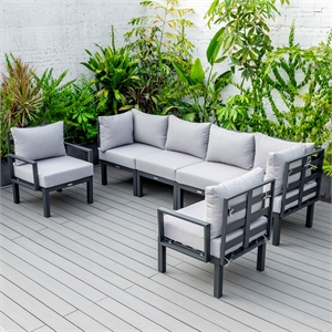 LeisureMod Chelsea 6-Piece Patio Set in Black Aluminum with Light Gray Cushions