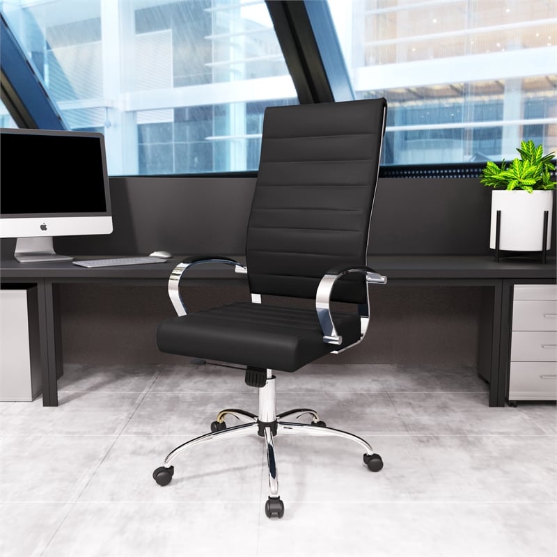 LeisureMod Benmar High-Back Mid-Century Modern Leather Office Chair in Black