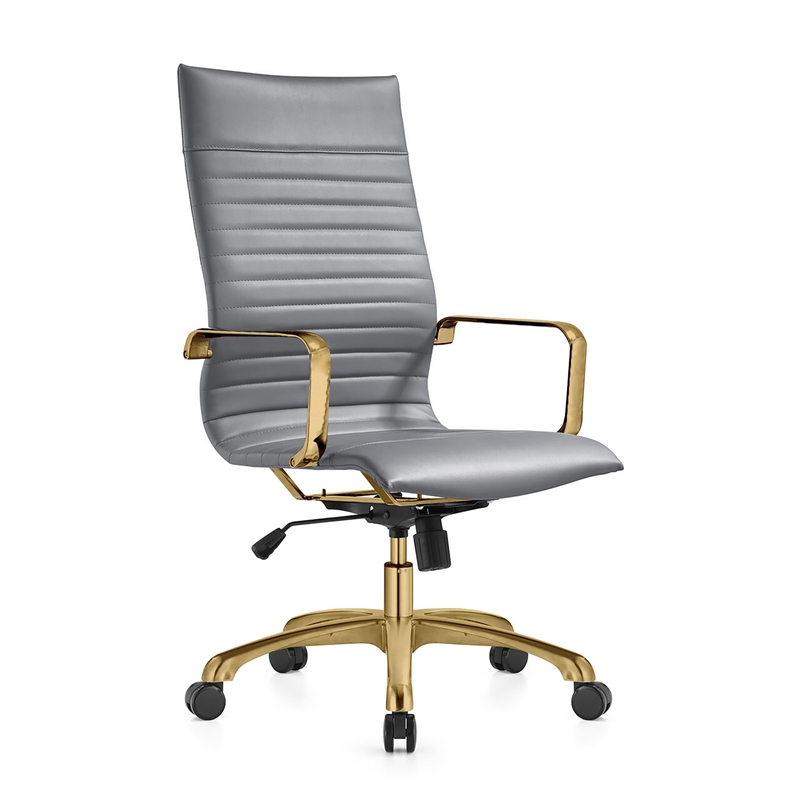 LeisureMod Harris High-Back Faux Leather Office Chair With Gold Frame in Gray