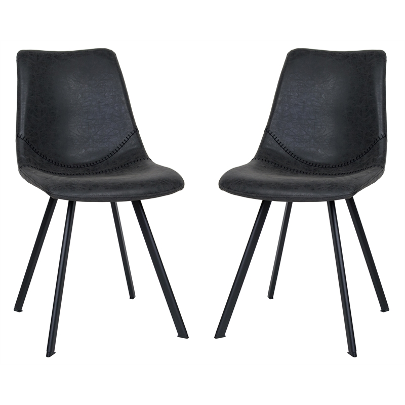 LeisureMod Markley Leather Dining Chair With Metal Legs Set of 2 Charcoal Black