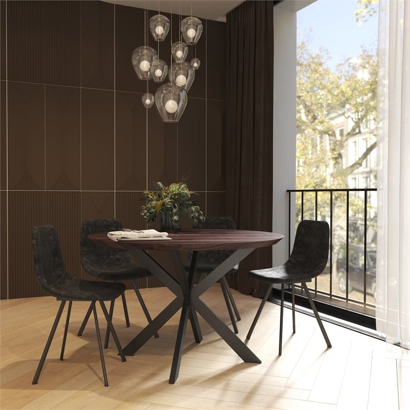 LeisureMod Markley Leather Dining Chair With Metal Legs Set of 4 Charcoal Black