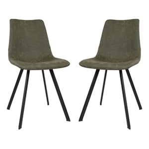 LeisureMod Markley Leather Dining Chair With Metal Legs Set of 2 Olive Green