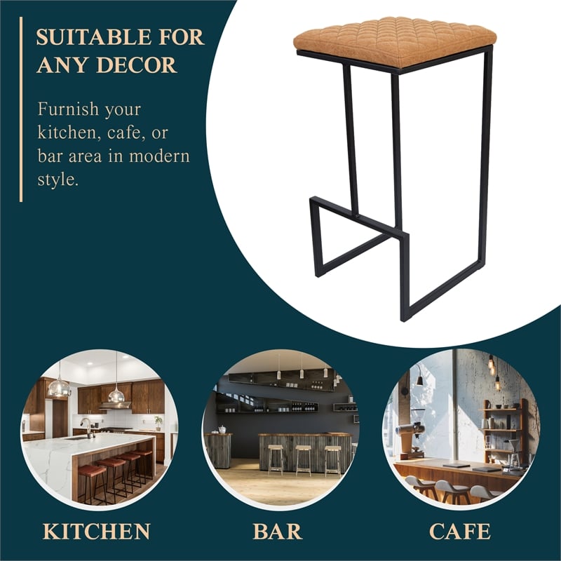 LeisureMod Quincy Quilted Stitched Leather Bar Stools in Light Brown