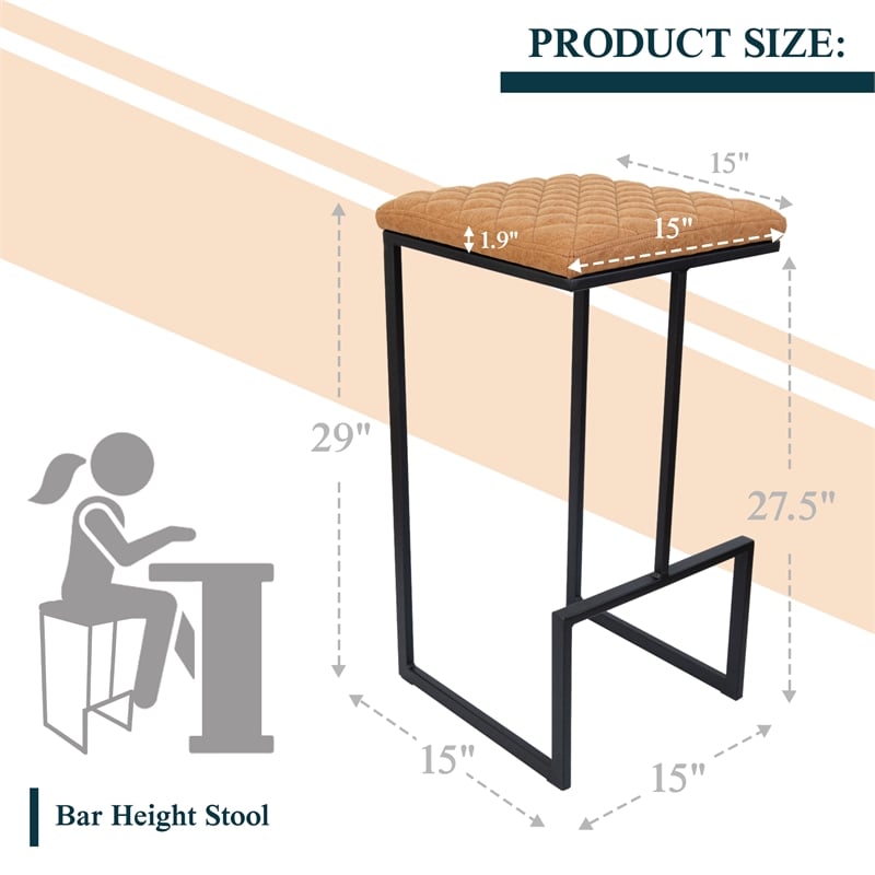 LeisureMod Quincy Quilted Stitched Leather Bar Stools in Light Brown
