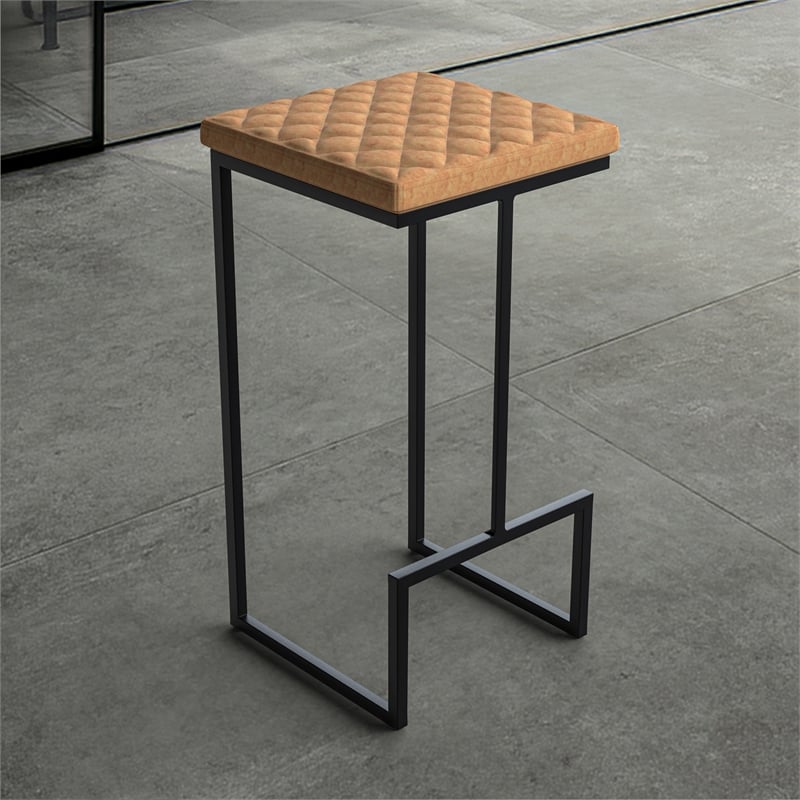 LeisureMod Quincy Quilted Stitched Leather Bar Stools in Light Brown