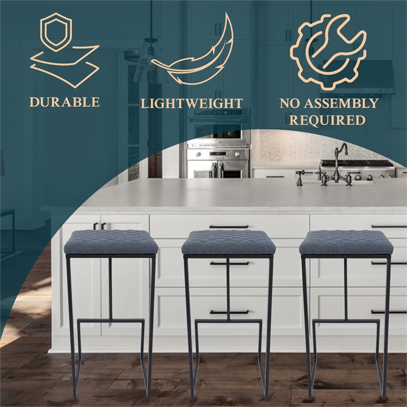 LeisureMod Quincy Quilted Stitched Leather Bar Stools in Peacock Blue