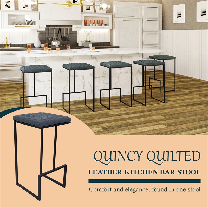 LeisureMod Quincy Quilted Stitched Leather Bar Stools in Peacock Blue