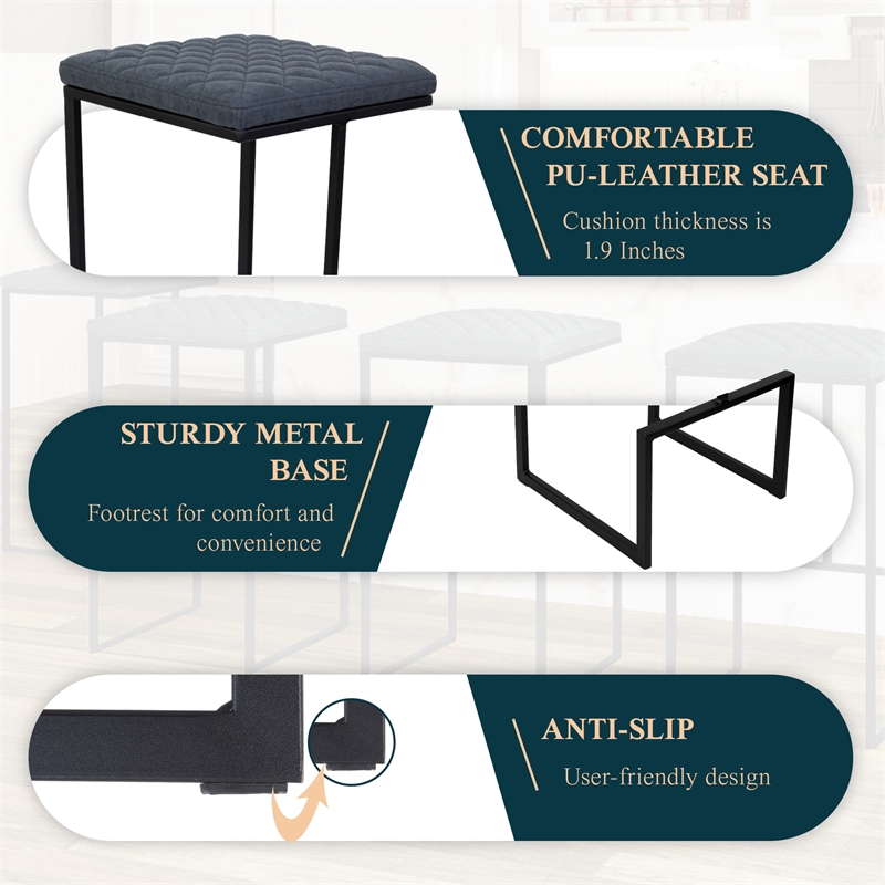LeisureMod Quincy Quilted Stitched Leather Bar Stools in Peacock Blue