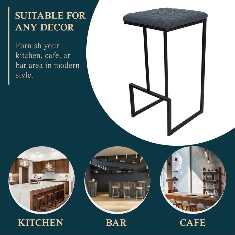 LeisureMod Quincy Quilted Stitched Leather Bar Stools Set of 2 in Peacock Blue