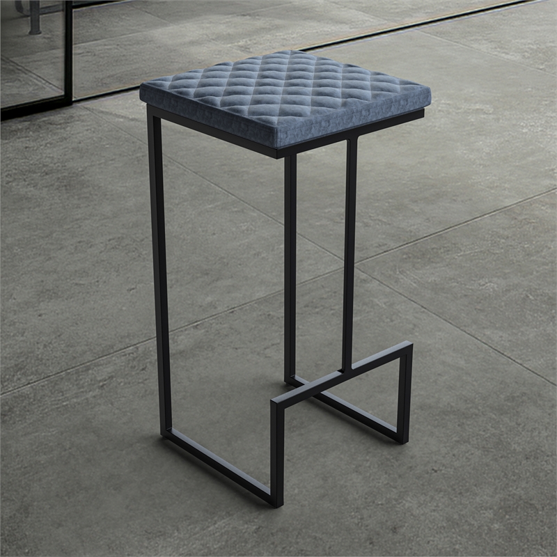 LeisureMod Quincy Quilted Stitched Leather Bar Stools Set of 2 in Peacock Blue