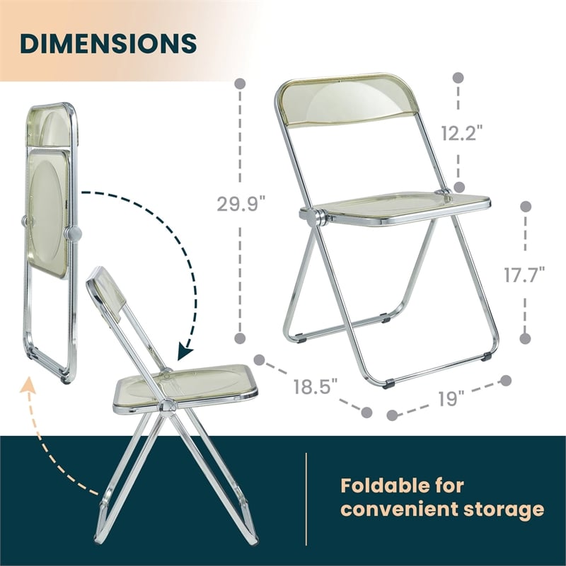 LeisureMod Lawrence Acrylic Folding Chair With Metal Frame in Amber (Set of 2)