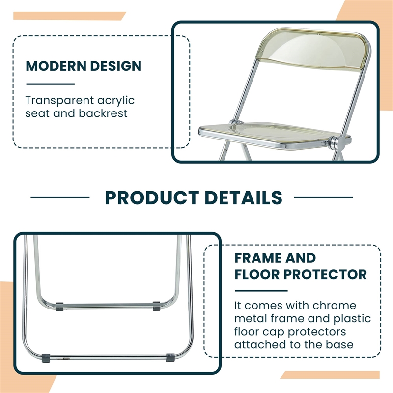 LeisureMod Lawrence Acrylic Folding Chair With Metal Frame in Amber (Set of 4)
